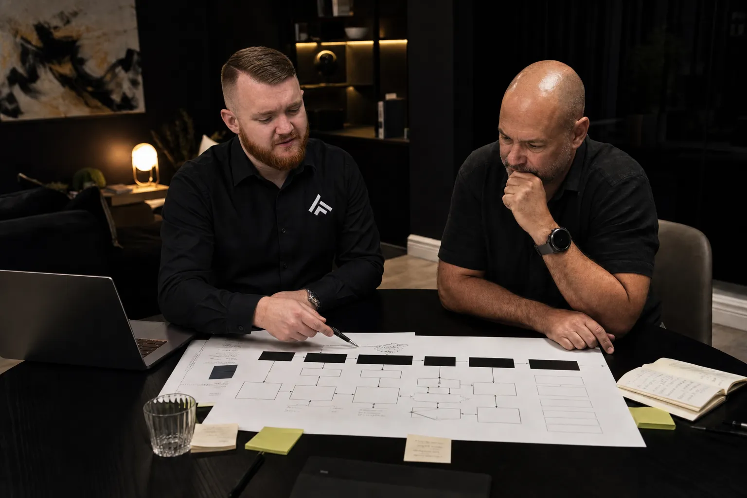 Think Online consultant in uniform reviewing a workflow map during a pre-workshop brief