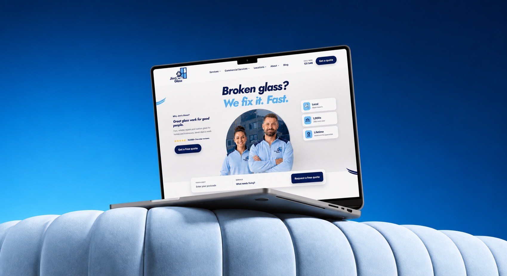 Jim's Glass website displayed on a laptop
