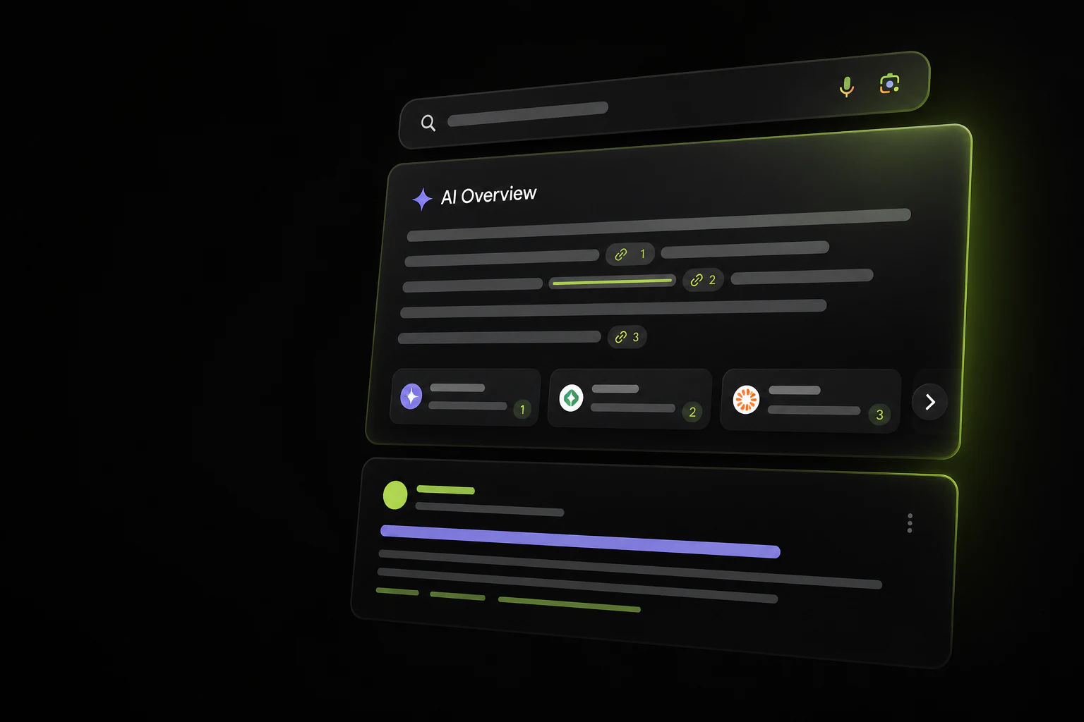 Dark search interface showing an AI Overview with cited sources above a traditional organic search result